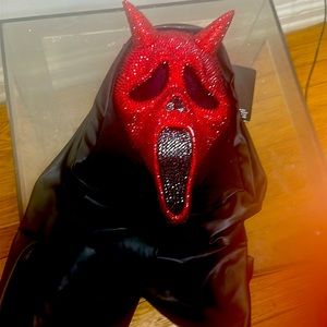 Bedazzled Devil Scream Mask Made By Hand,  Covered In Red Rhinestones,